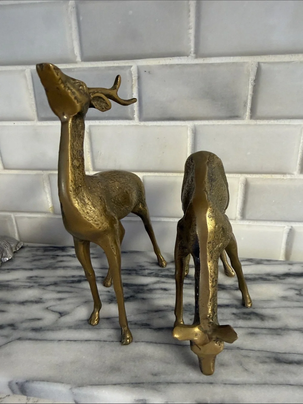 2 pc Brass Finish Deer Figurine Set - Gold Accent Home Decor